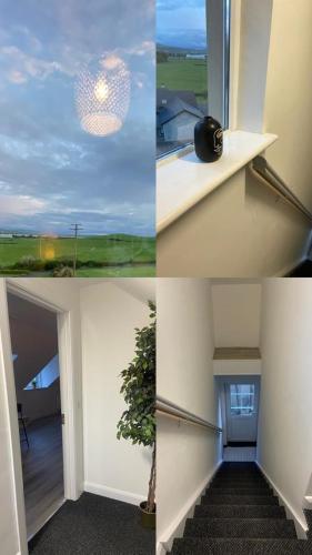 a collage of four pictures of a room with a window at Grianan view loft apartment in Tieveborne
