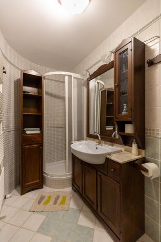 une salle de bain avec un lavabo et une douche dans l'établissement Mala hiša, à Solčava