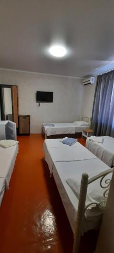 a room with three beds and a flat screen tv at Пограничная 8 in Kheivani