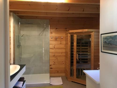 La salle de bains est pourvue d'une douche et d'un lavabo. dans l'établissement Charmante maison en bois proche mer, à Saint-Jean-de-la-Rivière
