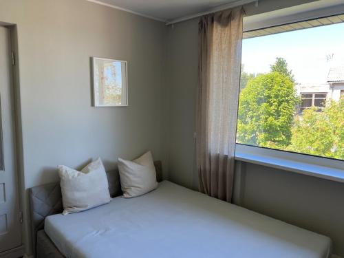 a bed in a room with a large window at Topoliu 16 guesthouse in Šventoji