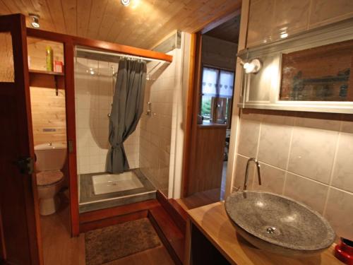 a bathroom with a sink and a shower and a toilet at Chalet cosy proche de Gérardmer et Colmar - Nature, WIFI, 2 chambres, terrasse, garage - FR-1-589-306 in Plainfaing