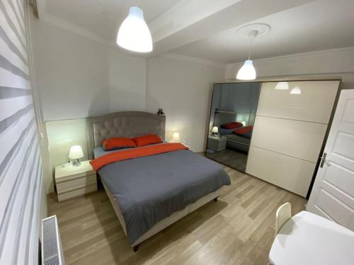 a bedroom with a bed and a mirror at Charming Flat with Garden Working Space EYUP2 in Istanbul