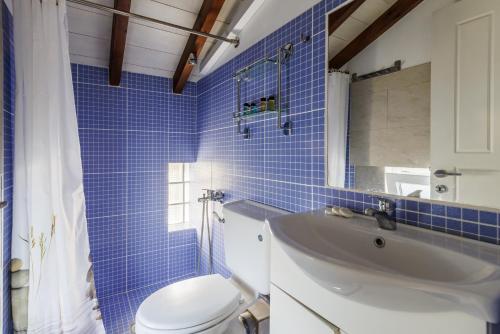 ein blau gefliestes Bad mit WC und Waschbecken in der Unterkunft Villa Pavlos in Skopelos