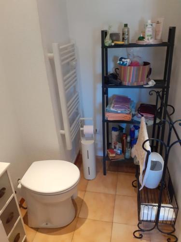 ein Badezimmer mit einem WC und einem Bücherregal in der Unterkunft Villa Sans souci et agréable in La Seyne-sur-Mer
