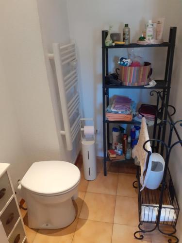 a bathroom with a toilet and a book shelf at Villa Sans souci et agréable in La Seyne-sur-Mer