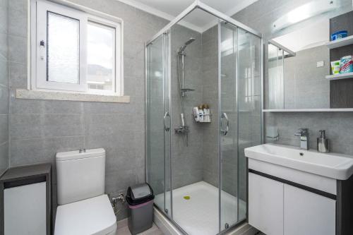 a bathroom with a shower and a toilet and a sink at Villa Blue in Kyrenia