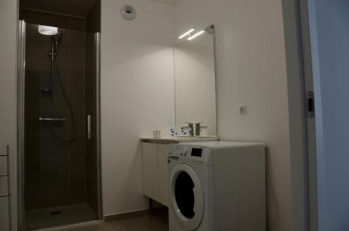 a bathroom with a washing machine and a shower at View Point Lake and Mountains in Annecy
