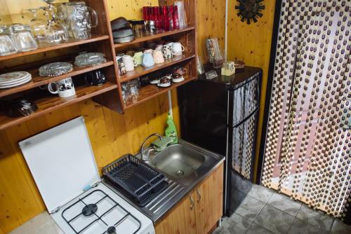 a small kitchen with a sink and a stove at Sobe Tatjana in Palić