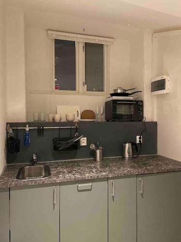 a kitchen with a sink and a microwave at Central Studio @Majorstuen in Oslo