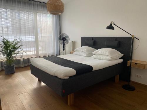 um quarto com uma cama grande e almofadas brancas em Kaupmehe Terrace Apartment, free parking em Taline