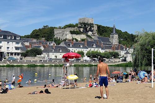 a group of people on a beach with a castle in the background at Ambiance château de la Loire in Montrichard