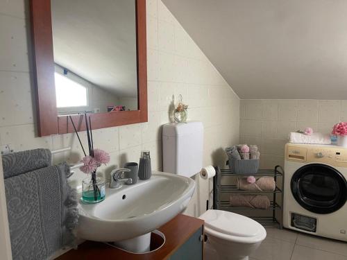 een badkamer met een wastafel en een wasmachine bij Villa rosa appartamento in Montesilvano