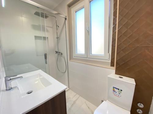 een badkamer met een toilet, een wastafel en een douche bij Palmela Downtown Terrace in Palmela