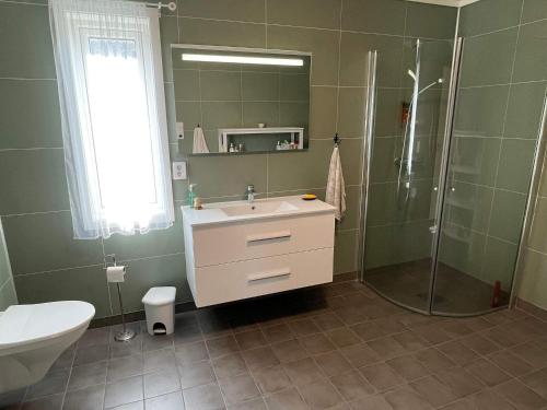 a bathroom with a shower and a sink and a toilet at Holiday home Hellesøy in Bøvågen