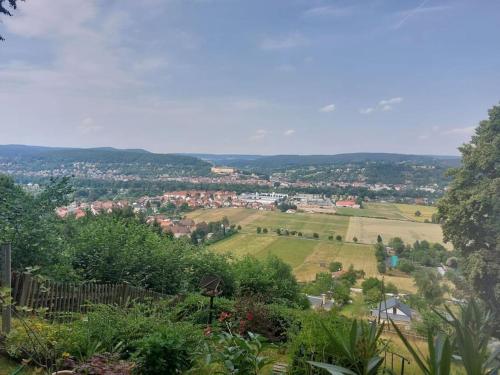 Blick auf eine Stadt von einem Hügel mit Bäumen in der Unterkunft Bungalow mit Schlossblick in Rudolstadt