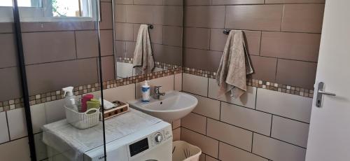małą łazienkę z umywalką i lustrem. w obiekcie Cosy & Calme w mieście Le Tampon
