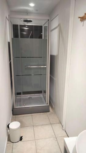 une salle de bain avec une douche en verre et des toilettes dans l'établissement Studio Rez-de-chaussée avec cour, à Mers-les-Bains