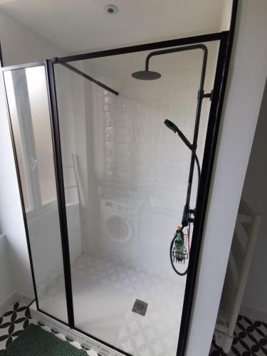 a shower with a glass door in a bathroom at Les clos de Givry - Clos Léonie - Appartement 68m2 spacieux, lumineux et avec sauna in Givry
