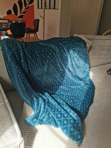 a blue blanket laying on top of a couch at Les clos de Givry - Clos Léonie - Appartement 68m2 spacieux, lumineux et avec sauna in Givry