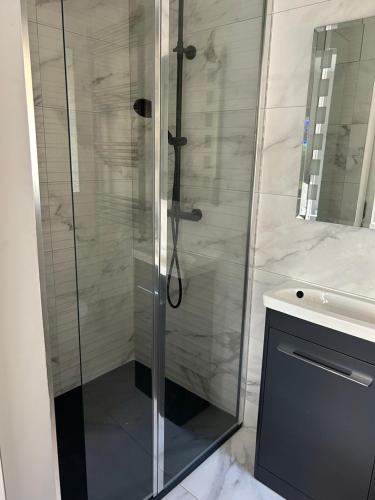 W łazience znajduje się prysznic ze szklanymi drzwiami. w obiekcie Stylish Killorglin Apartment w mieście Killorglin