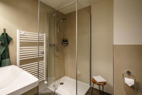 a bathroom with a shower and a toilet and a sink at Heart of Interlaken Apartments in Interlaken