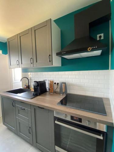 une cuisine avec un évier et une cuisinière four supérieur dans l'établissement Appartement neuf, 3 chambres avec vue panoramique, au Mans