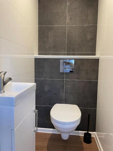 a bathroom with a white toilet and a sink at Vakantiepark Hertenhorst in Beekbergen