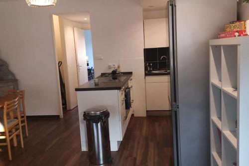 uma pequena cozinha com um frigorífico e uma mesa em Magnifique appartement em Estrasburgo