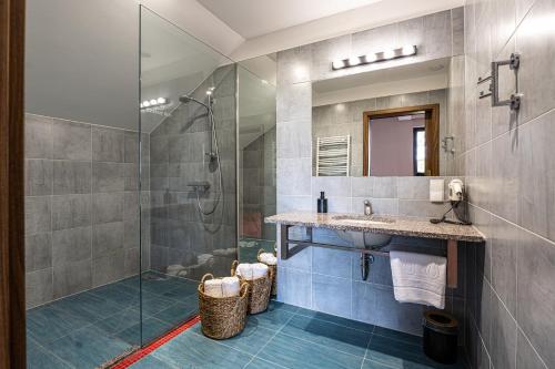 y baño con ducha y lavamanos. en Hotel i Restauracja Czarny Kos, en Borkowo