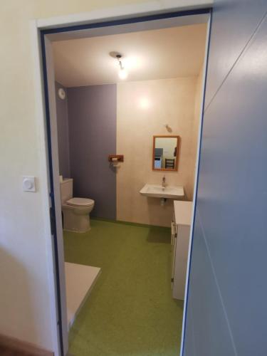 une salle de bain avec toilettes, lavabo et miroir dans l'établissement Le verger d'Aglaé&Michel, à Verdun