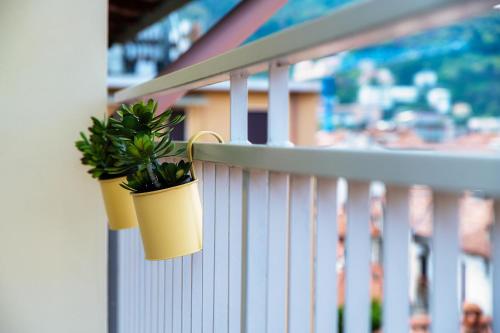 two potted plants are hanging on a white fence at Bonanomi Como by Quokka 360 - Terrace Duomo View in Como