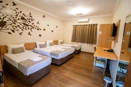 ein Hotelzimmer mit 2 Betten und einem TV in der Unterkunft Pousada Vitalis in Olímpia