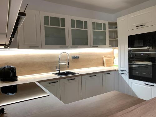 a kitchen with white cabinets and a sink at Podhradí Landštejn in Slavonice