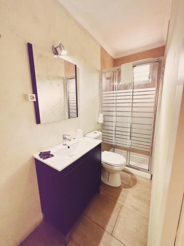 a bathroom with a sink and a toilet at Fonda Aparicio in Fuentespalda