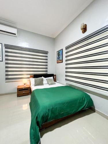 1 dormitorio con 1 cama grande con manta verde en Glides suite by Home Glides, en Lekki