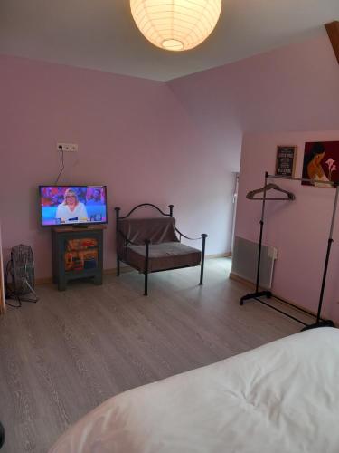 une chambre avec un lit et une télévision dans une pièce dans l'établissement Chambre d'hôte de la baronne, à Roz-sur-Couesnon