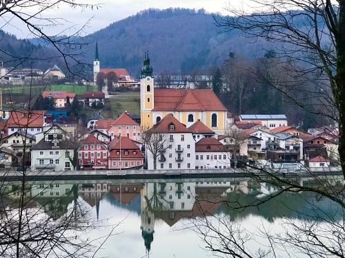 a view of a town with a reflection in the water at "Zauberhaft wohnen am Donauufer" in Obernzell