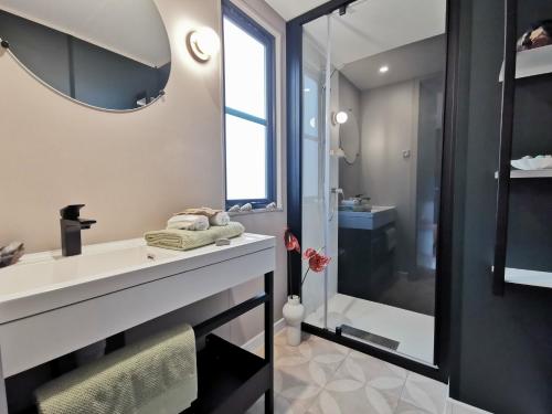 W łazience znajduje się umywalka i prysznic. w obiekcie Bootsmann 09 w mieście Schashagen
