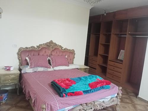 1 dormitorio con 1 cama con manta rosa y azul en 19 Abu Al-Hol Tourist Street, Al-Haram, Nazlet Al-Samman en El Cairo