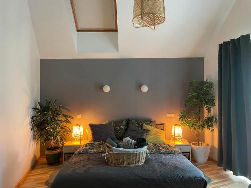 a bedroom with a bed with a basket on it at Hotel Rojas Pērle in Roja