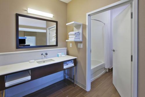 a bathroom with a sink and a mirror and a shower at Hampton Inn Commerce/Novi in Walled Lake