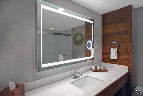 a bathroom with a sink and a large mirror at Hilton Hasbrouck Heights-Meadowlands in Hasbrouck Heights