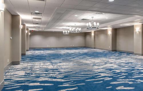 um quarto amplo com um tapete azul no chão em DoubleTree by Hilton New Bern - Riverfront em New Bern