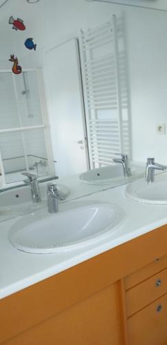 een badkamer met 2 wastafels en een grote spiegel bij Petit havre de paix in Vannes