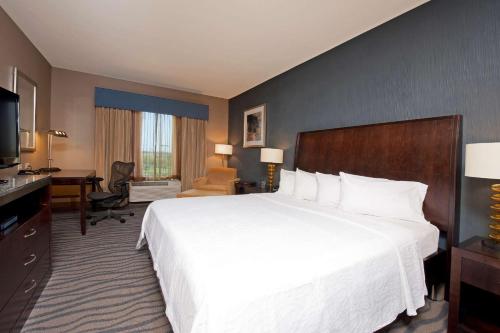 Habitación de hotel con cama grande y escritorio. en Hilton Garden Inn Ft Worth Alliance Airport, en Roanoke