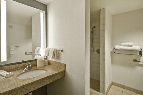 a bathroom with a sink and a shower at Hilton Garden Inn Gulfport - Biloxi Airport in Gulfport