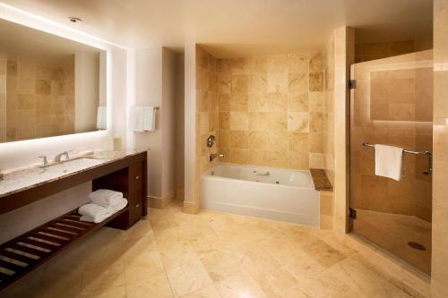 a bathroom with a tub and a sink and a shower at Hilton University of Florida Conference Center Gainesville in Gainesville