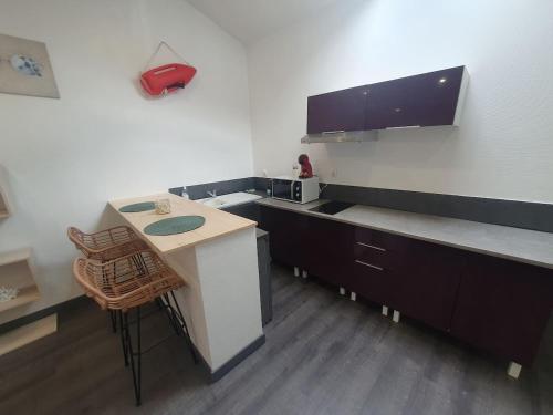 eine Küche mit einer Theke, einer Spüle und einer Mikrowelle in der Unterkunft Seeside Oasis in Clermont-Ferrand