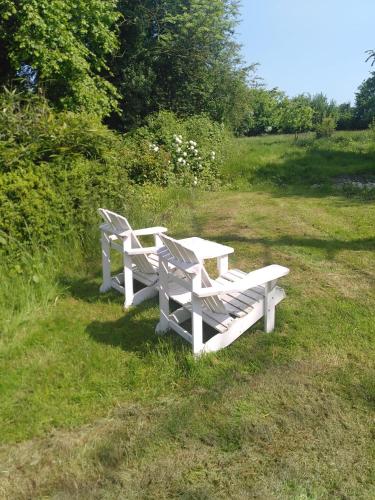 two white benches sitting in the grass in a field at Ferienhaus Am Fehntjer Tief in Emden